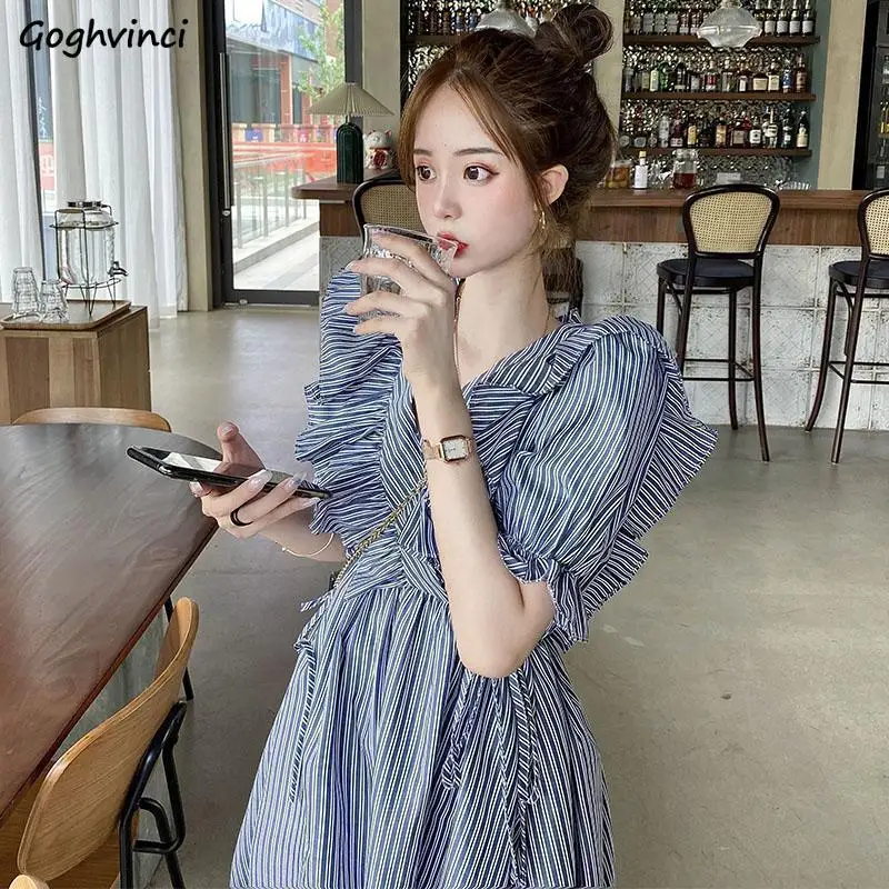 Dresses Womens Striped Fashion V-neck Simple Patchwork Sweet Blue Ulzzang Street Style Leisure All-match Summer A-line Students