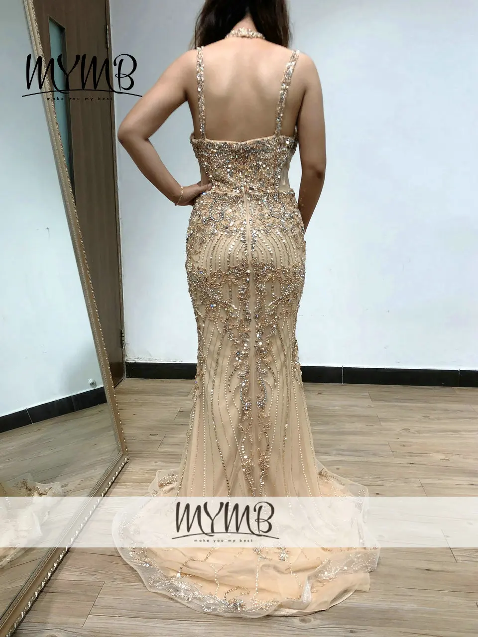 Red Carpet Kralen Prom Gown Voor Bruiloft Gast Mymb Gold Sexy Back Avond Party Dress MY21102