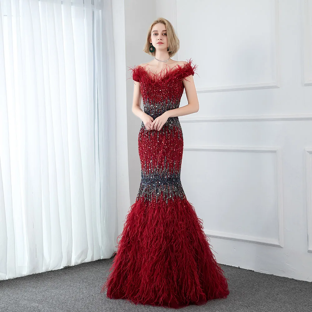 

YQLNNE 2021 Couture Wine Red Feather Evening Dresses Long Mermaid Off Shoulder Crystals Beaded Women Gowns