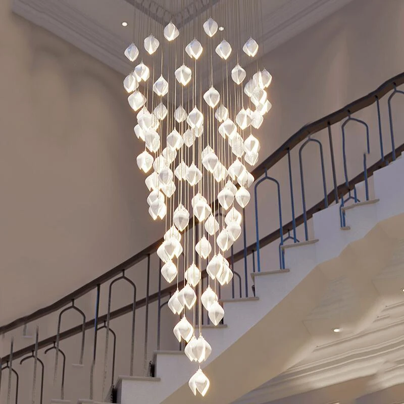 

Custom Stair Long Chandelier Light Luxury Living Room Duplex Chandelier Postmodern Designer Hotel Lobby Ceramic Petal Chandelier