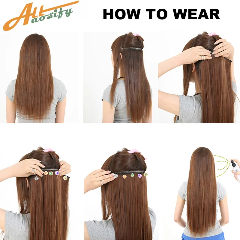 Allaosify 60cm 5 klip saç uzatma isıya dayanıklı saç parçaları uzun düz saç sentetik klip saç gri saç