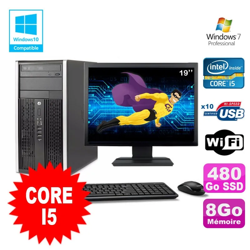 Lot PC Tour HP 8200 Core I5 3.1Ghz 8Go 480Go SSD engraver WIFI W7 + screen 19