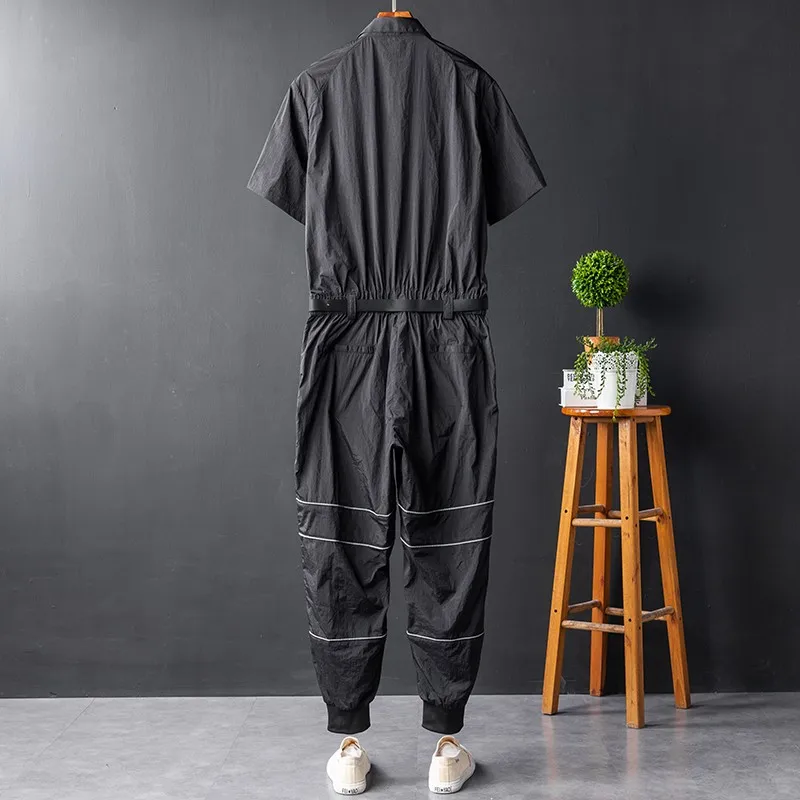 Summer Mens Hip Hop Short Sleeve Jumpsuit One Piece Cargo Pants Belted Overalls Loose Fit Casual Safari Pockets Thin Jumpsuits