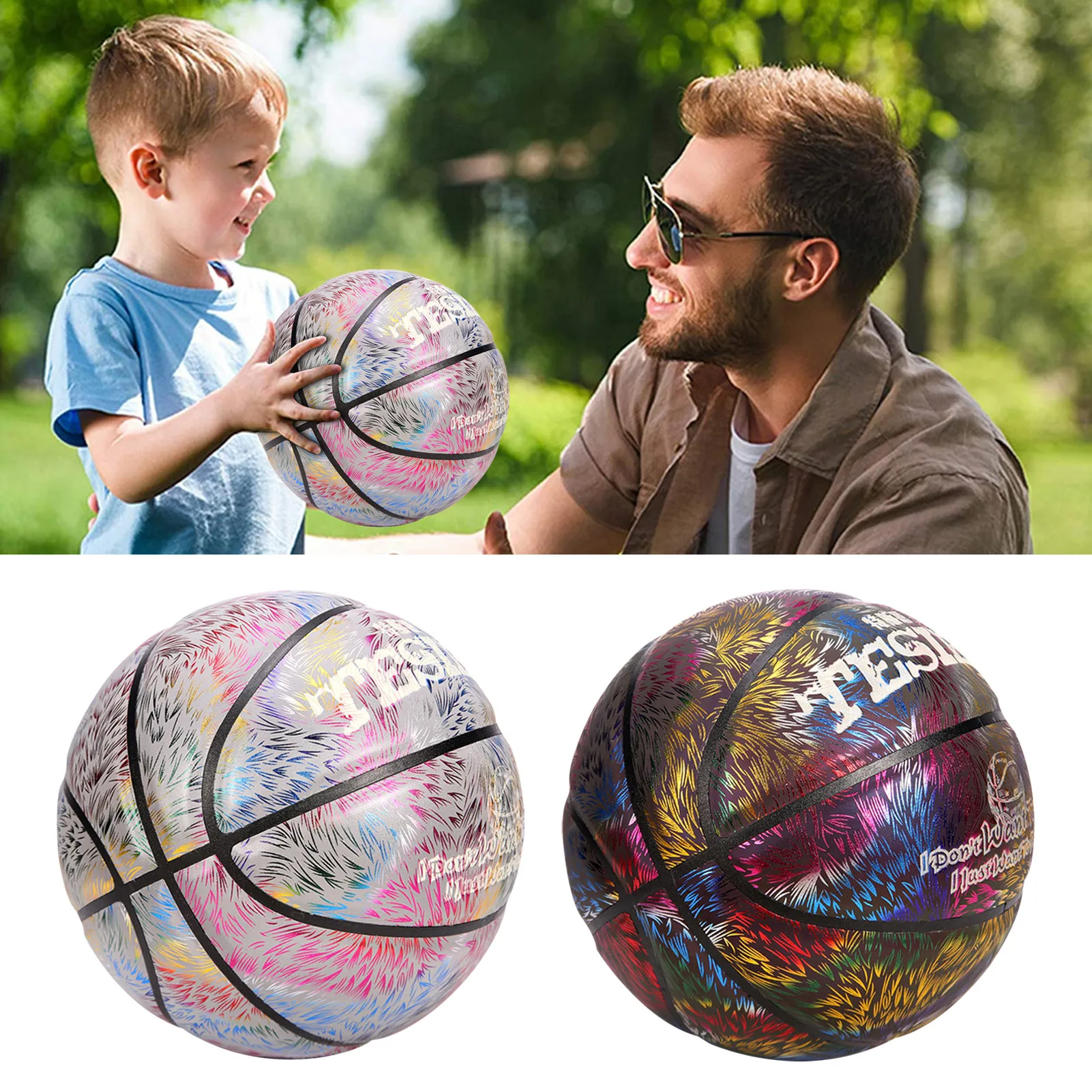 7 Size Colorful Holographic Reflective PU Leather Ball Cool Night Glowing Basketball Wear-Resistan Luminous Basketball With Bag