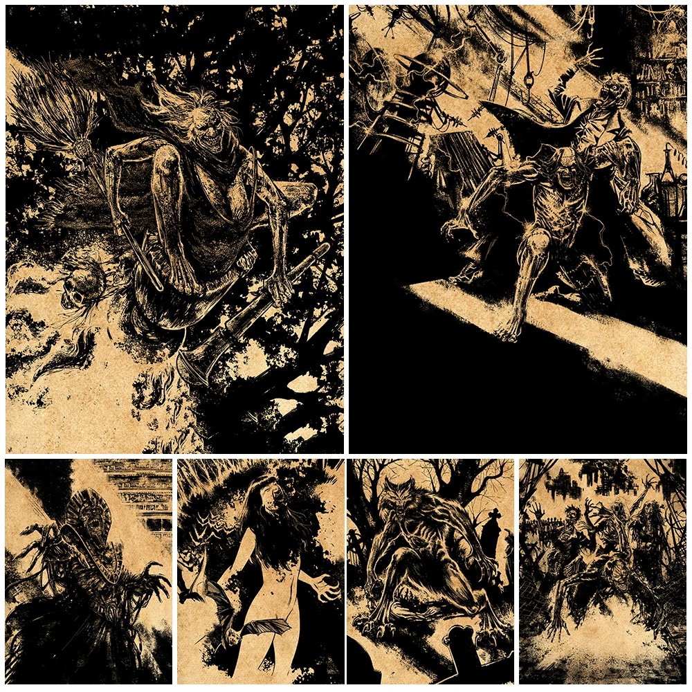Zombie Army And Werewolf Black Ink Vintage Poster And Prints Home Decoration Baba Yaga Witch Wall Art Canvas Painting Unframed