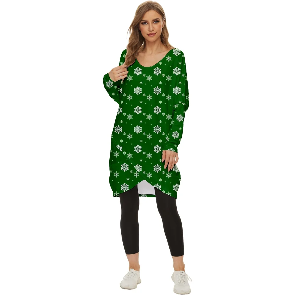 SOJINM Women Clothing Long T-shirt Christmas Snowflake Print V-neck Long Slit Women's T-shirt Casual Tops Long Sleeve Cloths