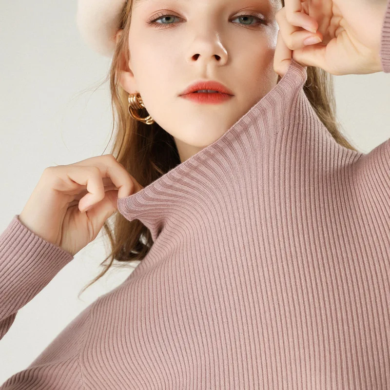 Turtleneck Ribbed Sweater Women 2020 Korean Knit Pullover Basic Plain Autumn Winter Fitted Plus Size Pink Yellow Knitted Jumper