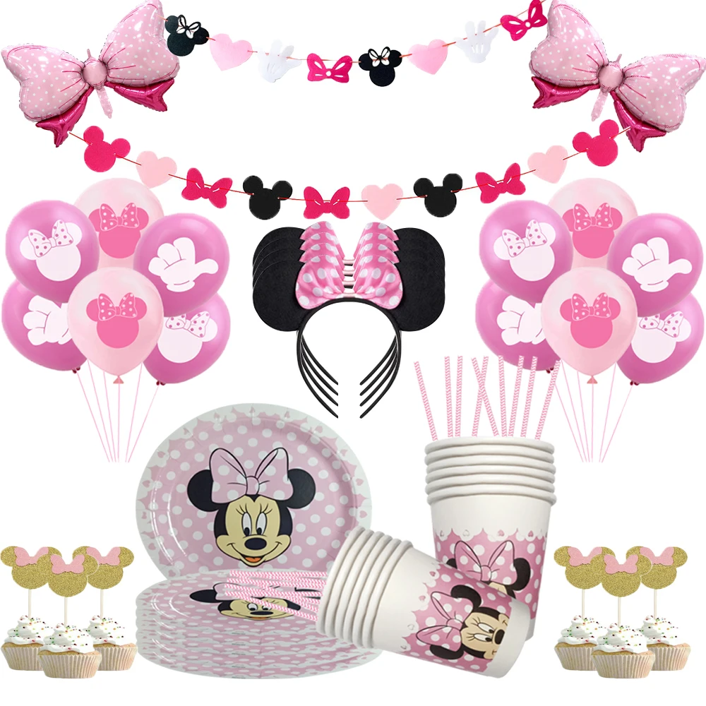 Disney Minnie Mouse party theme Birthday anniversary paper disposable tableware decoration for girl kid favor cake diy party