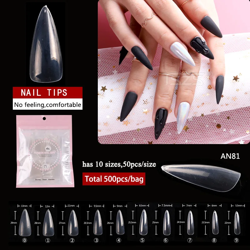 500pcs/lot Long Almond Clear ABS Nails Full Cover Stiletto Pointy False Tips Artificial Acrylic Nail Tips For Nail Salon