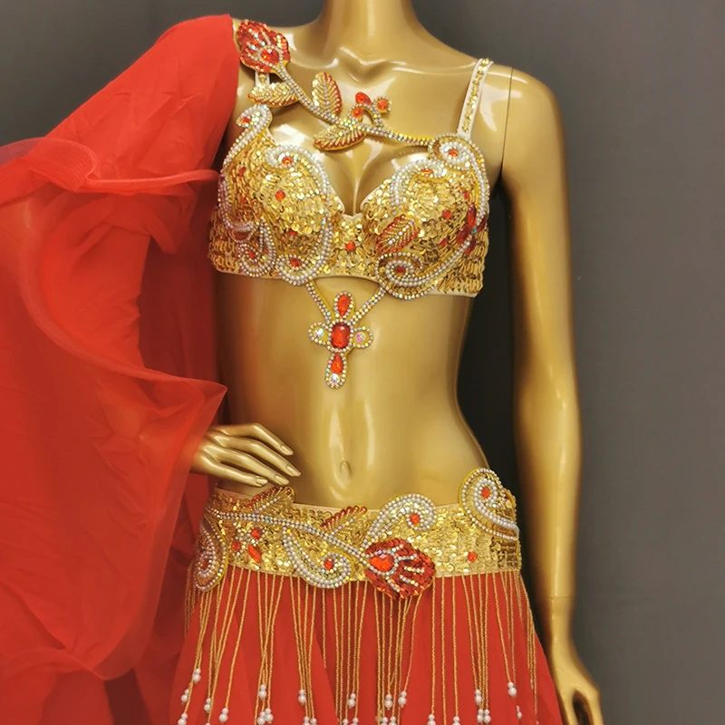 Hot Sale New Professional Sequined Belly Dance Clothing Performance Outfits Belly Dancing Clothes Bellydance Bra&Belt&Skirt Suit