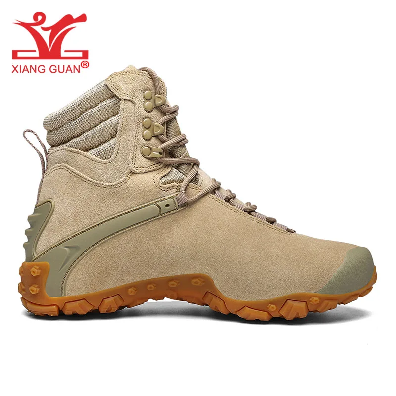 XIANG GUAN Hiking Boots Men Women Waterproof Mountain Shoes Cow Leather Sandy Black High Outdoor Tactical Army Climbing Trekking