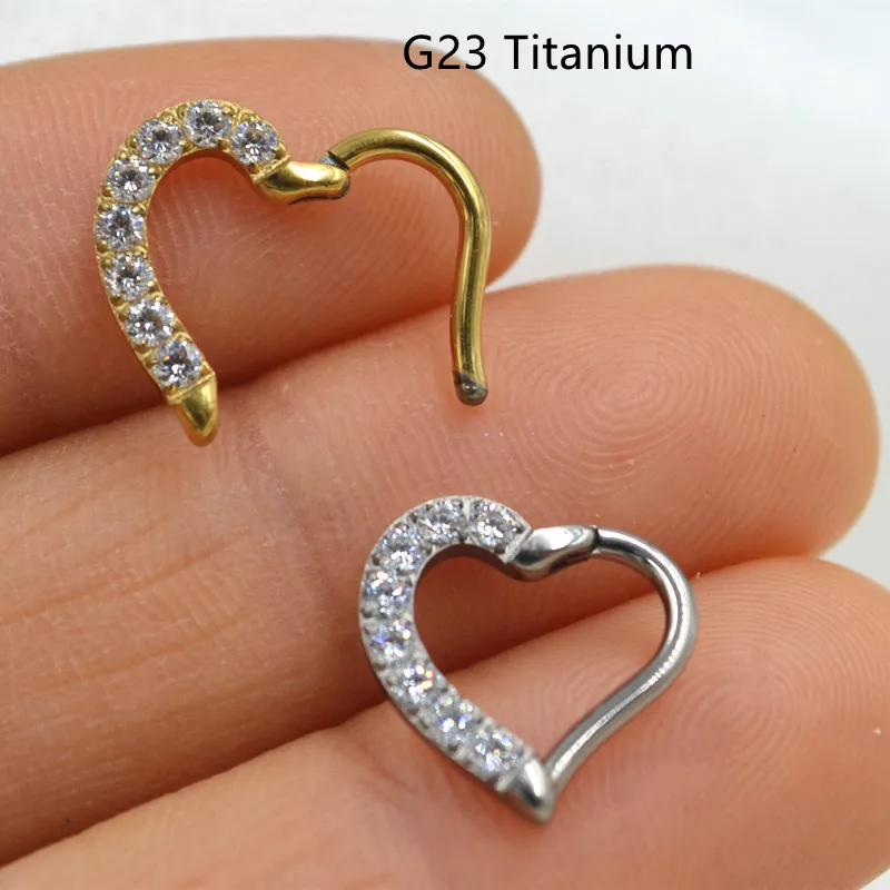 

Lot10pcs G23 Titanium Heart CZ Nose Hoop Septum Clicker Hinged Segment Ring Ear Cartilage Helix Rook Tragus 16G Lip Piercing