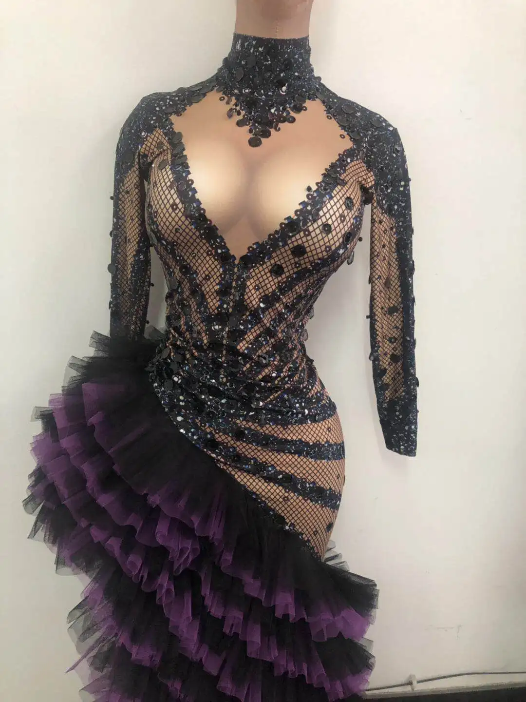 European Court Asymmetric Crystal Mesh Tiered Dress Women Rhinestone Party Evening Long Dress Singer Latin Dance Stage Costumes