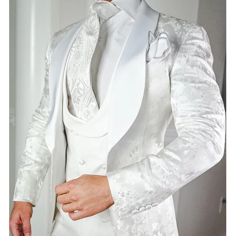 White Floral Wedding Tuxedo for Groom 3 Pieces Slim Fit Men Suits with Satin Shawl Lapel Custom Male Fashion Costume Jacket Vest