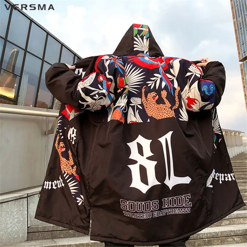 VERSMA-Chaqueta larga con estampado de grafiti para hombre, Parkas con capucha estilo japonés, Hip Hop, cálida, de invierno, envío directo