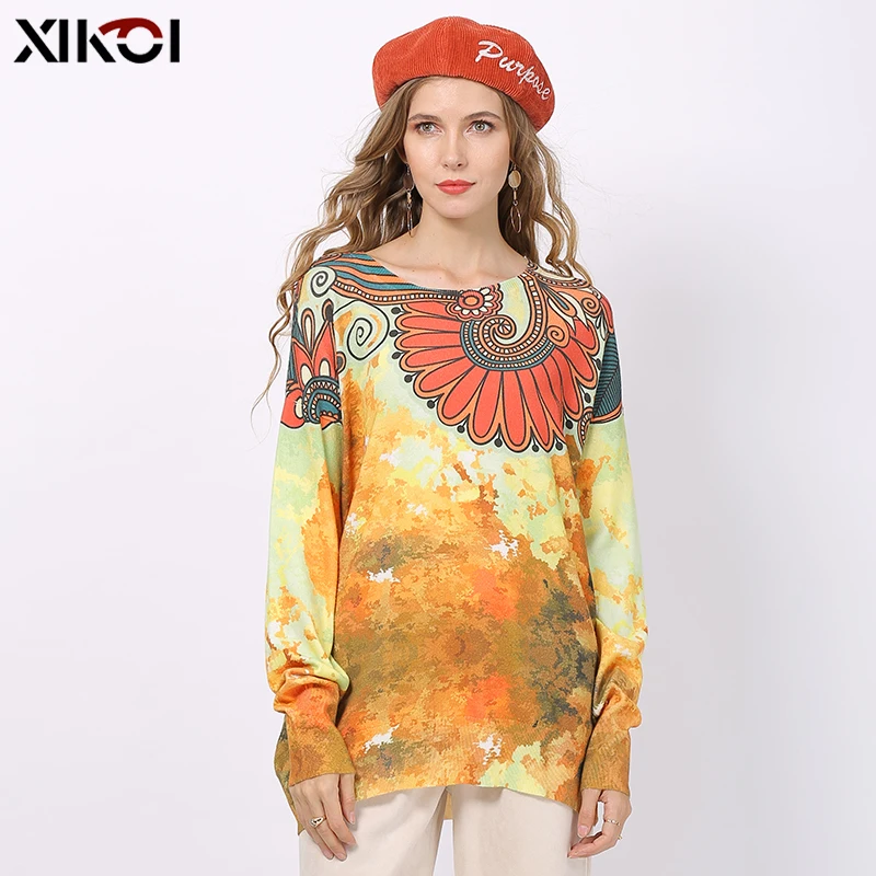 New XIKOI Winter Retro Print Sweater Women Pullovers Knitted O-Neck Jumper Women Oversized Warm Sweaters High Elastic Pull Femme