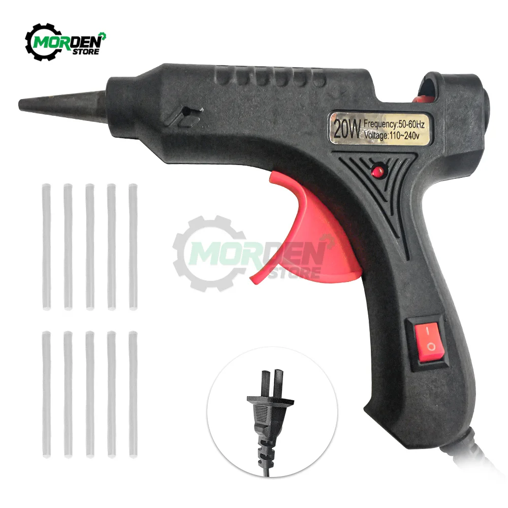 Pistola de cola quente 20w com 7mm 10 peças, mini pistolas industriais, temperatura de calor, termo elétrica, ferramenta de reparo diy