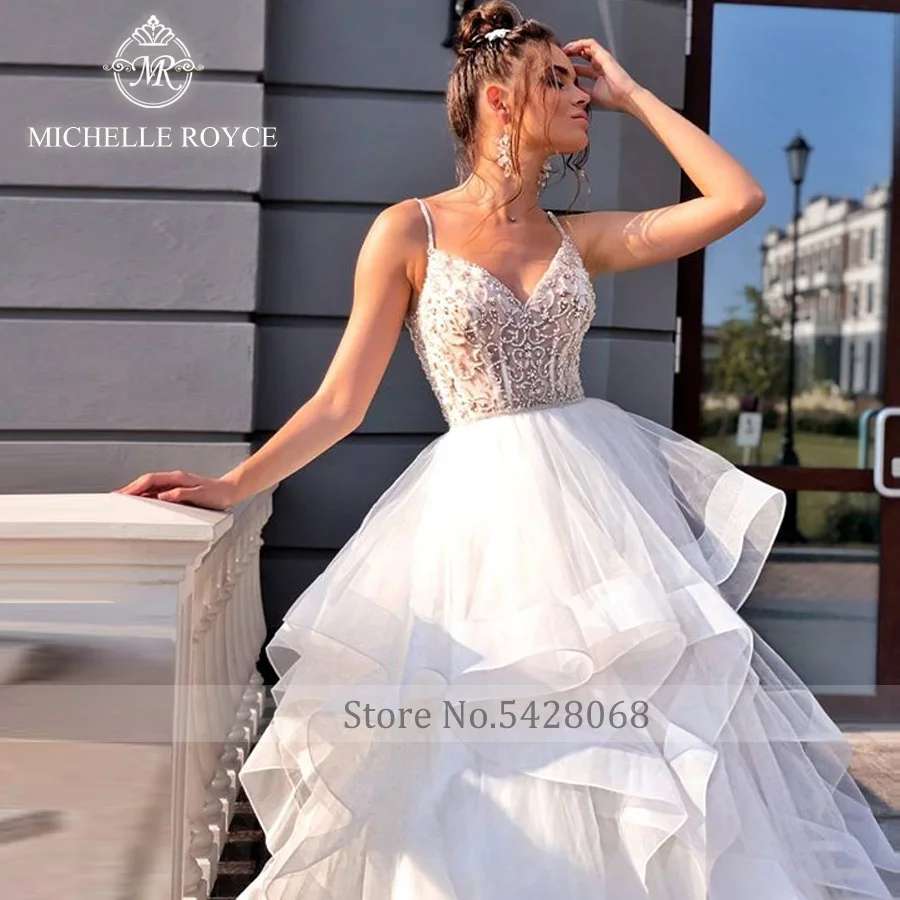 Michelle Royce Sweetheart A-line Wedding Dresses 2022 Spaghetti Straps Cut-out Button Chapel Train Wedding Gown Vestido De Novia