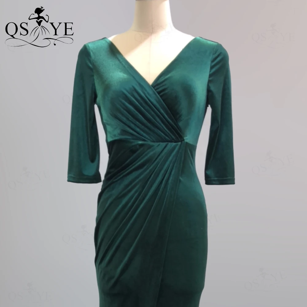 Emerald Velvet Evening Dresses Long Sleeves Pleat Mermaid Prom Gown Sexy V Neck Ruched Front Split Green Party Dress Open Back