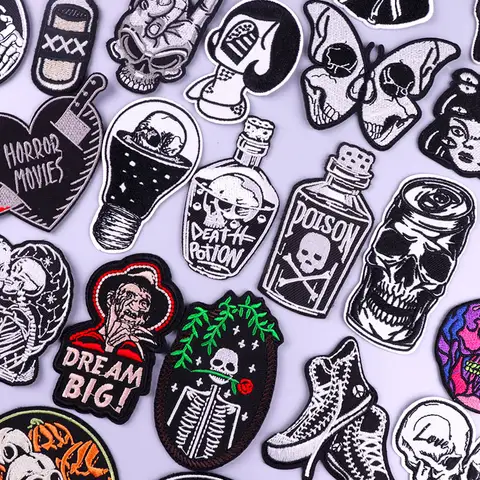 Skull Patches On Clothes Hippie Rock Punk Patch Embroidered Patches For Clothing Iron On Patches Horror Stripes Stickers Badges