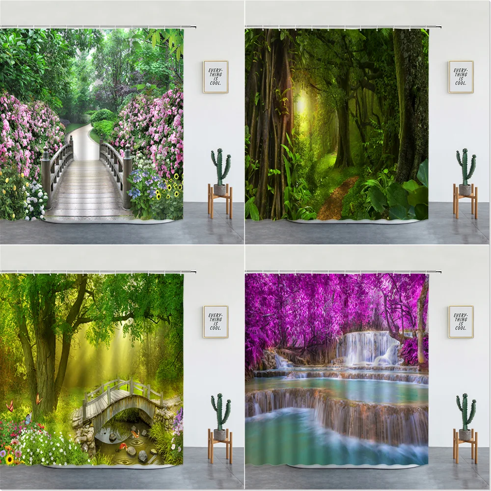 Forest Waterfall Landscape Shower Curtains Tropical Rainforest Green Bamboo Mountain Printed Fabric Luxury Bathroom Decor Hooks