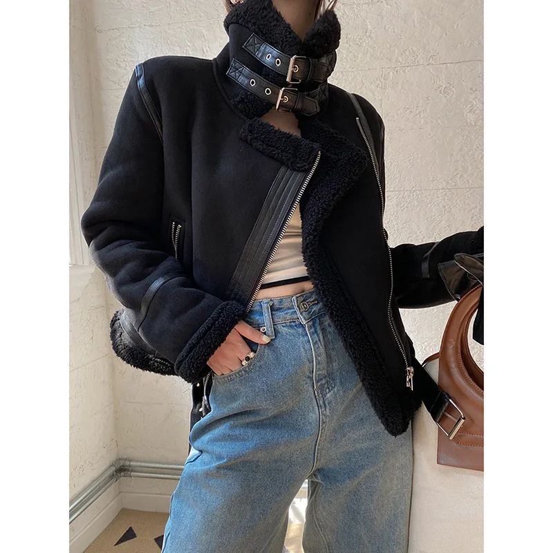 FTLZZ New Winter Motorcycle Leather Jacket Women Thick Warm Turn-down Collar Fur Jacket with Belt Female High Street Short Coat