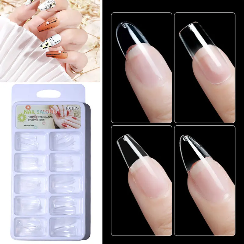 100pcs/box Clear Transparent Seamless Fake Nails Full Coverage False Nails Tips Short T-shaped Water Drop Full Sticker For Nails