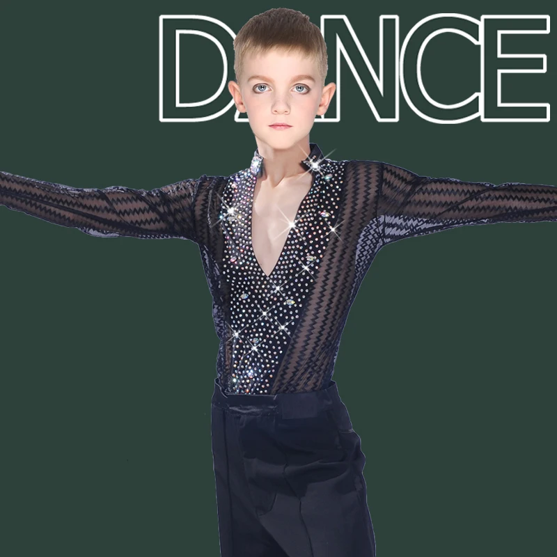 Jongens Latin Danswedstrijd Tops V Hals Lange Mouwen Gestreepte Shirts Crystal Prestaties Dancewear Rumba Chacha Tops DNV15559