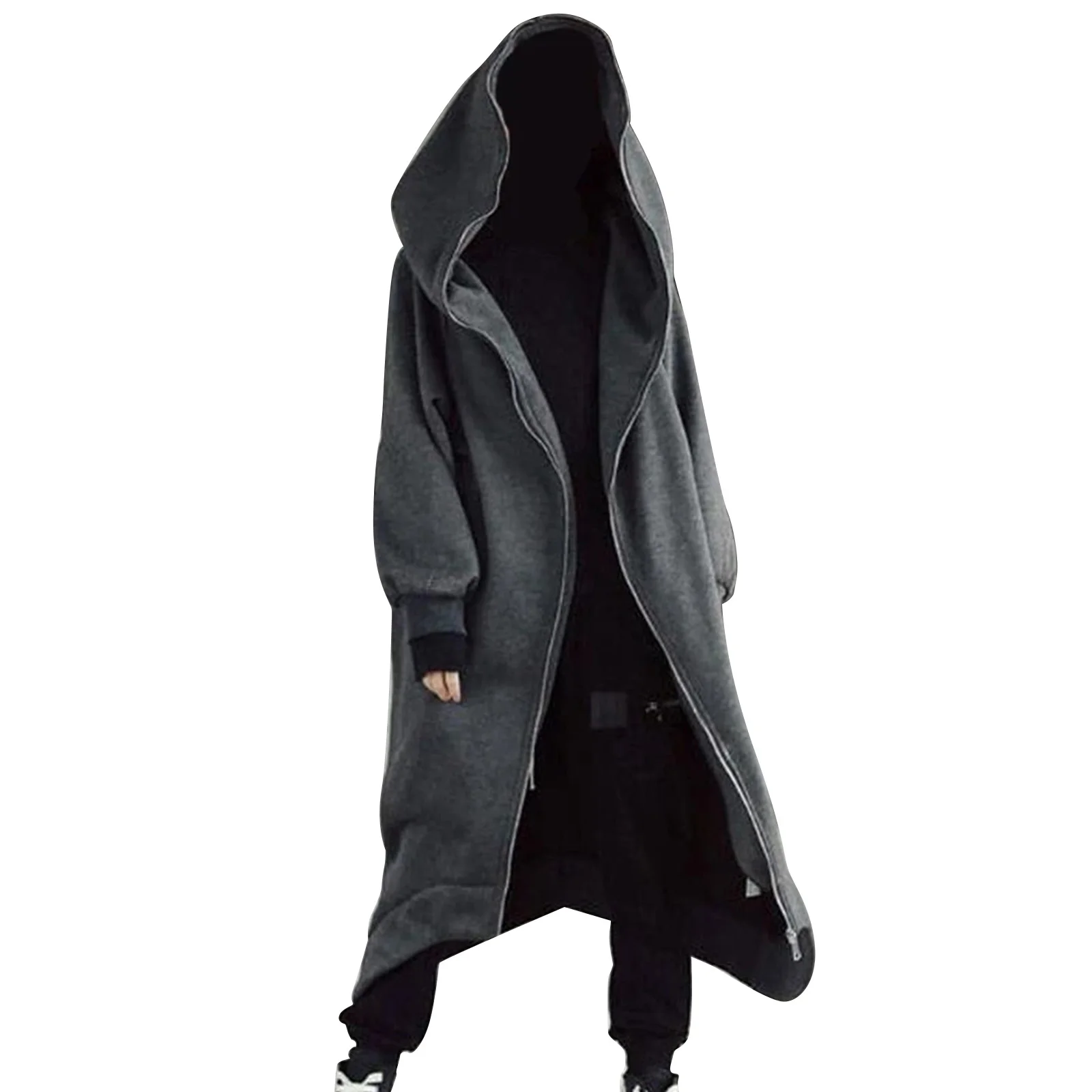 Unisex Long Sleeve Hooded Nazgul Long Coat Zipper Closure Fleece Lined Long Hoodie d88