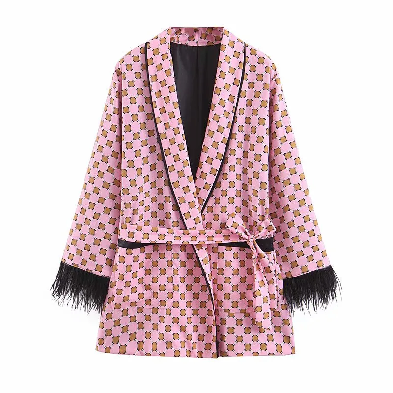 2023 Geometric Printing Feather Kimono Coat With Sashes Fashion Ladies Wide Leg Pants Pajamas Suits Pink Two Piece Set