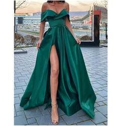 Off the Shoulder Emerald Green Satin Long Prom Dresses with Leg Slit V-neck Floor Length Arabic Evening Gowns robe de soiree