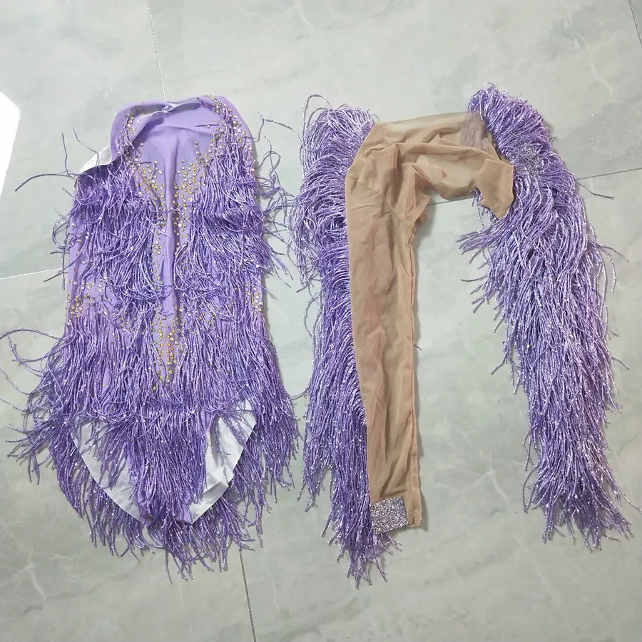 

Sparkly Crystal Purple Tassel Bodysuit Tops Set Women Dancer Nightclub Bar Stage Wear Fringe Leotard Performance Dance Costume