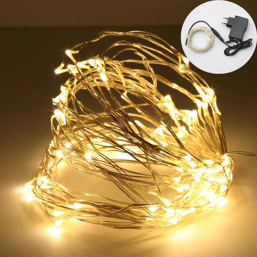 10m 100leds Waterproof Outdoor Wedding Lights 12v Silver Copper Wire Garlands Light Fairy LED String Light with Adapter