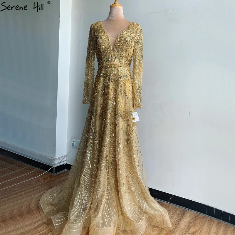 SERENE HILL Customized Gold A-Line V-Neck Luxury Beaded Sexy Evening Dress 2025 Long Sleeves For Women  Party Gown CLA70287L