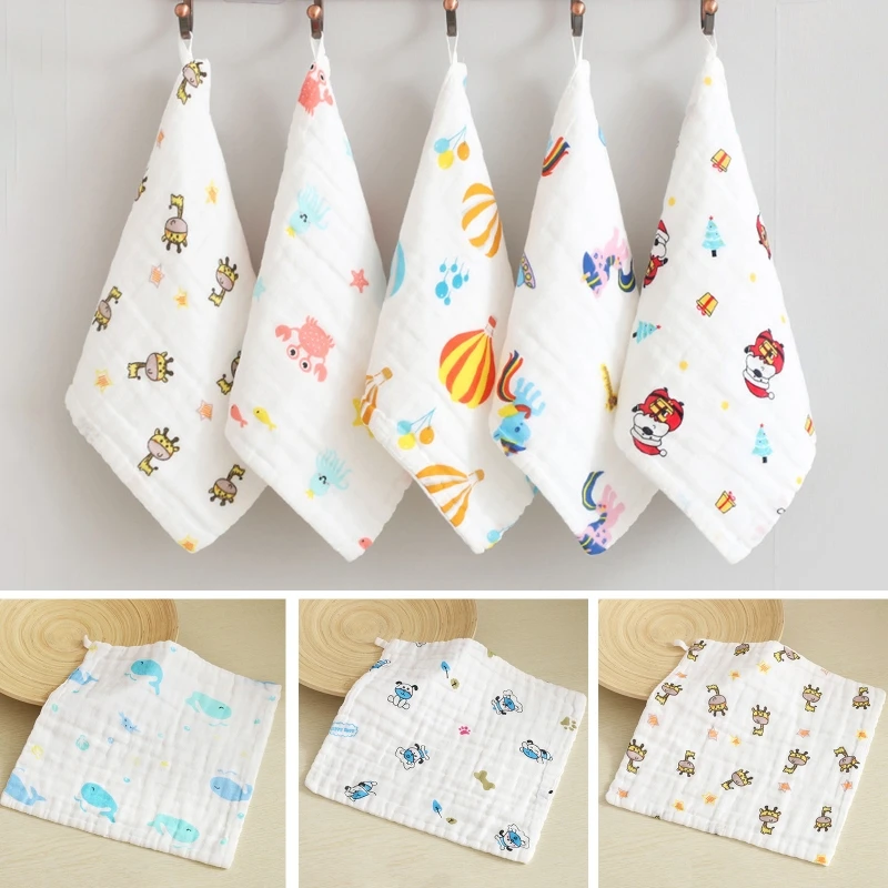 Muslin Cotton Baby Washcloths Cartoon Animal Fruit Printed Newborn Face Towels Infant Bibs Absorbent Wipes Handkerchief