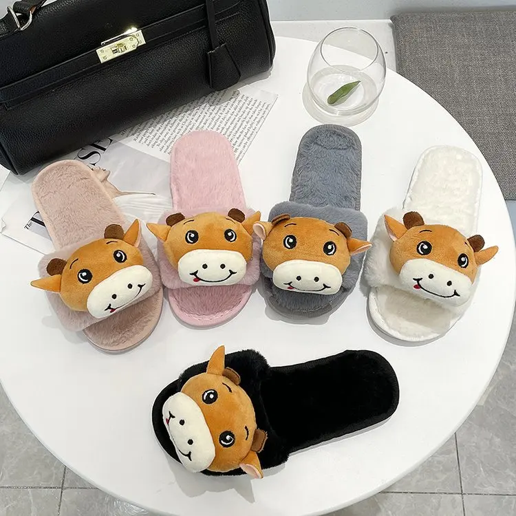 

2021 Autumn and Winter Home Ladies Cotton Slippers Cute Calf Knot Decoration Comfortable Slippers Female Furry Slippers Female