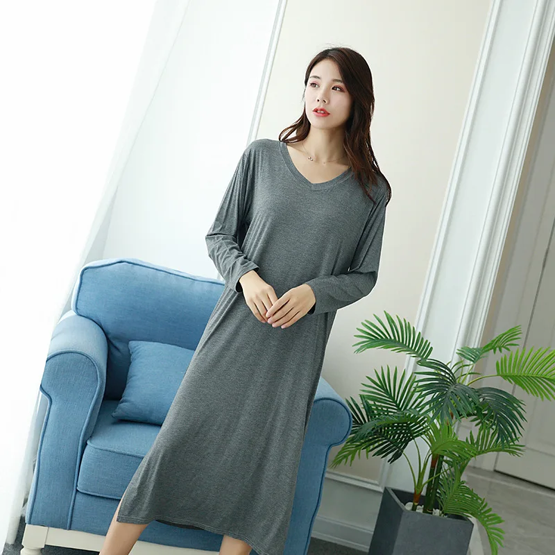 2023 Autumn Night Dress Women Loose large Nightgown Solid Color Sleepshirts Long-Sleeves Nightie Nightdress Modal Sleepwear