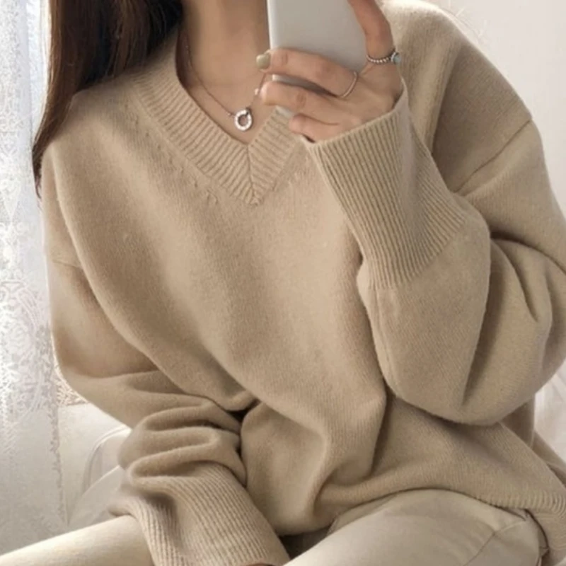 Sweater Pullovers Women Spring New Chic Solid V-neck All-match Loose Simple Female Fashion Vintage Elegant Clothing Leisure Soft