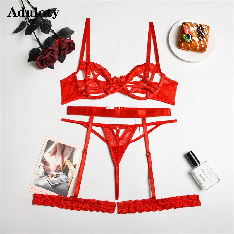 Aduloty New Sexy Perspective Stitching Garters Lingerie Set Underwire Gathering Hollow Bra EroticThong See-Through Underwear