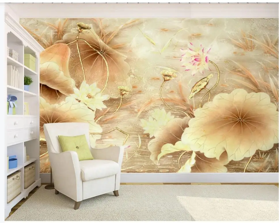 

New Chinese style 3d stereoscopic wallpaper lotus wallpapers TV background wall decoration painting