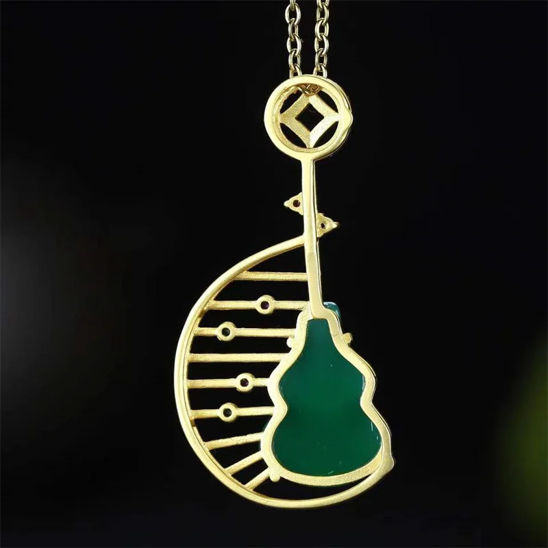 Hot Selling Natural Hand-carved Jade Inlay Gold Color 24k Pipa Gourd Necklace Pendant Fashion Jewelry Men Women Luck Gifts