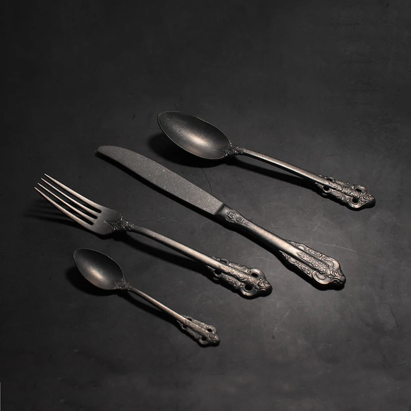 4pcs/Dinnerware Set Vintage Steak Knife Fork Spoon Old Stylele Coffee Spoons Photographic Prop Retro Kitchen Food Table Shooting