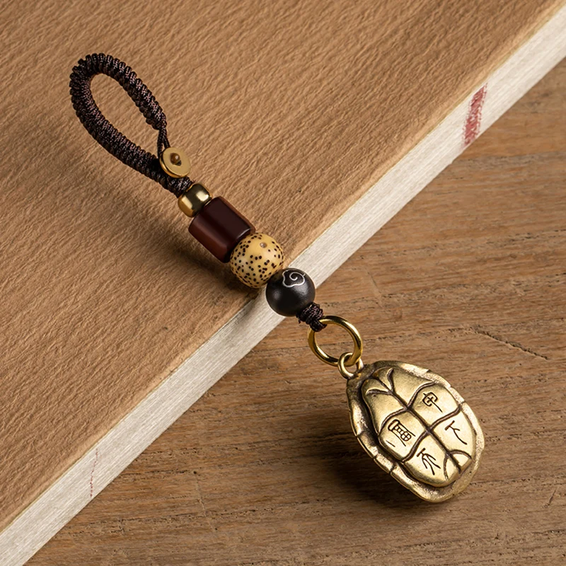 Handmade Lanyard Rope Brass Turtle Shell Pendants for Keychain Vintage Chinese Feng Shui Key Chain Ring Hanging Jewelry Keyring