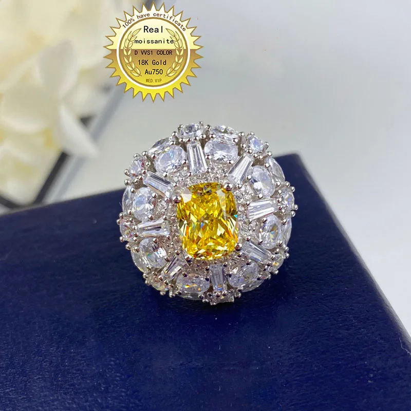 

Solid 18K Gold 1ct yellow Moissanite Diamond and 2ct white moissanite Ring D color VVS With national certificate