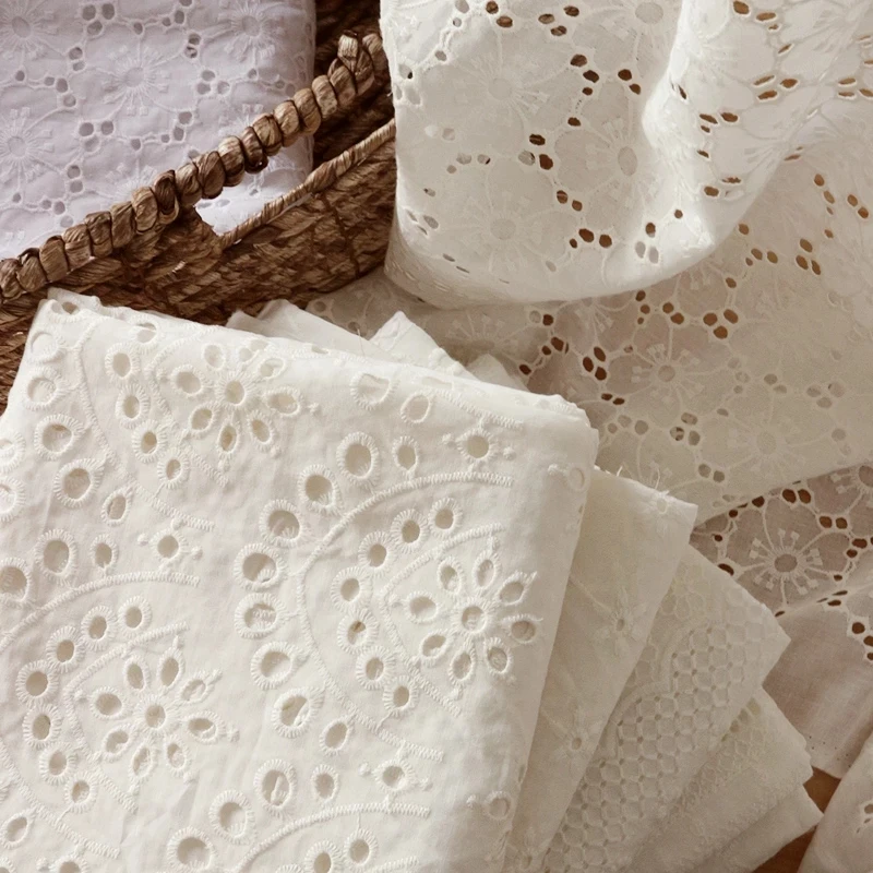 100% Cotton White Hollow Embroidery Lace Fbric For Wedding Dress Fashion Clothing Skirt Fabric