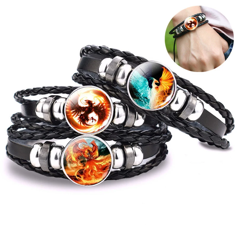 Ice and Fire Phoenix Black Leather Bracelet , DIY Glass Cabochon Bird of Wonder Multi-layered Bracelet , Fashion Jewelry