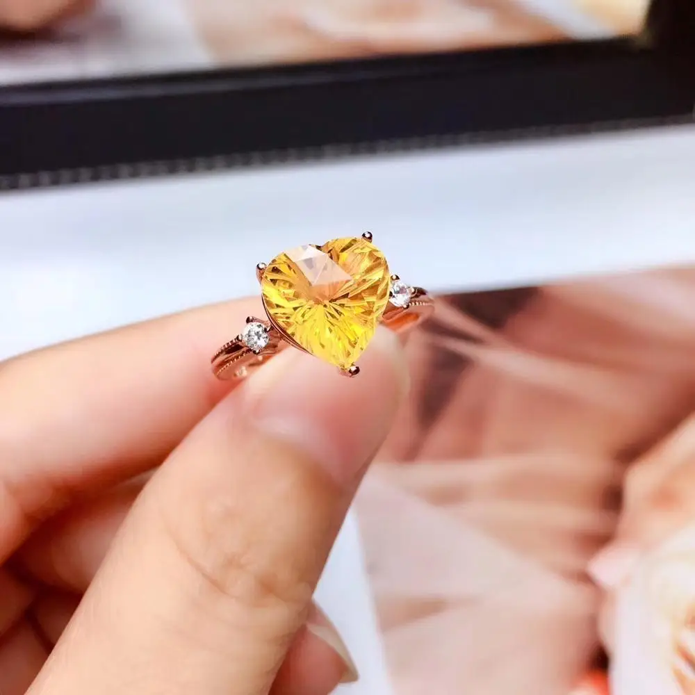 Natural real citrine Ring 925 sterling silver Fine yellow crystal jewelry Handworked jewelry  Gem Size 10*10mm