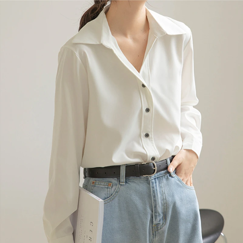 Seoulish 2021 New Spring Autumn Stain OL Style Formal Women's Blouse Turn-down Long Sleeve Shirts Female Workwear Elegant Tops