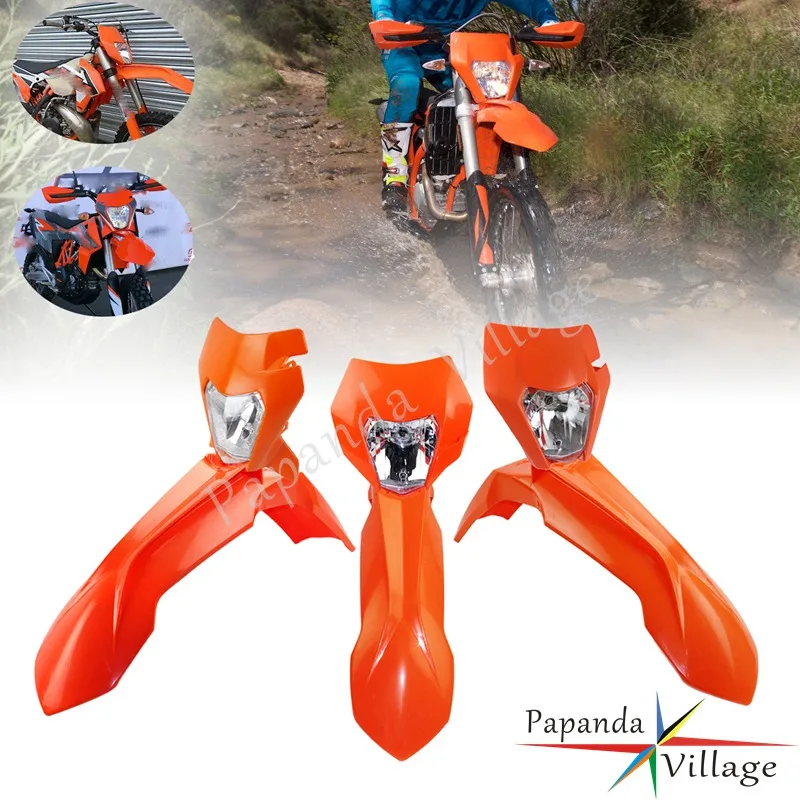 1 Set Dual Sport Front Fender & Headlight Dirt Bike Off Road Front Mudguard Head Lamp Bodywork Plastic for EXC SX SX-F XC XCW F