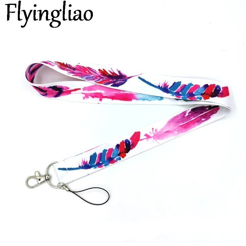 Colorful Feathers Neck Keychain Necklace Webbings Ribbons Anime Cartoon Neck Strap Lanyard ID badge Holder Keychain Lanyards